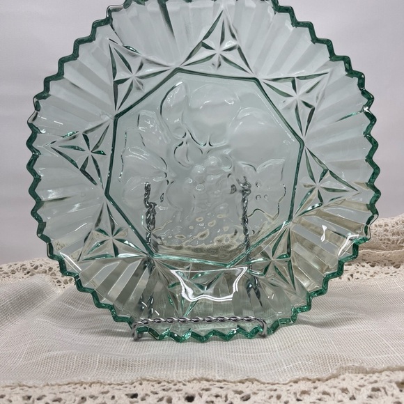 Federal Glass Pioneer fruit bowl, star & fan panels, 11”, scalloped aqua rim USA - Picture 2 of 7